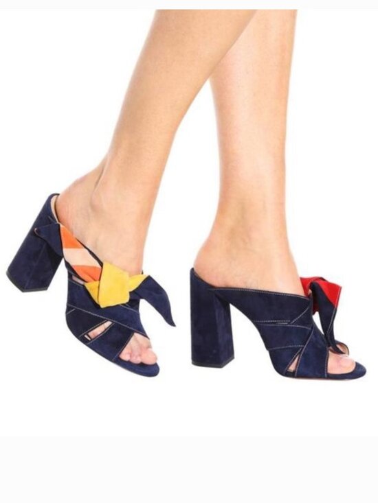 Chloe Shoes - Chloé Nellie Navy Suede Bow Mules Colorblock Heeled Sandals Sz 8